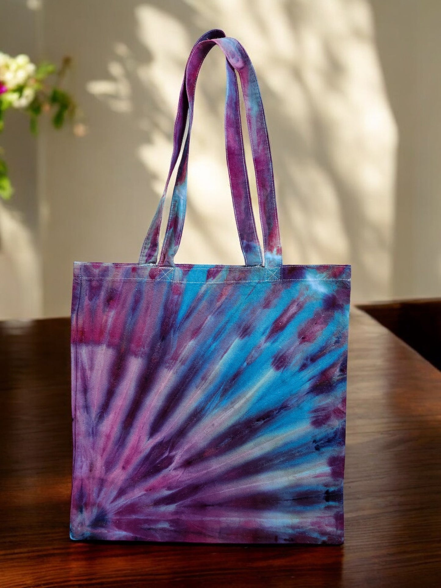 Ice Tie Dye Tote in Blues and Purples. This is a LIGHT WEIGHT cotton bag. 14" X 14"
