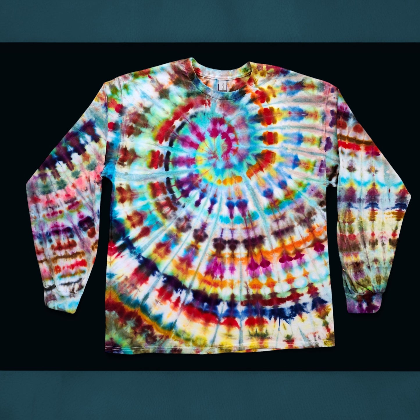 Wild Colors Tie Dye Spiral Shirt – Handmade Ice Dye Long Sleeve – Unisex Adult Sizes – Festival Vibes – Color That Won’t Sit Still