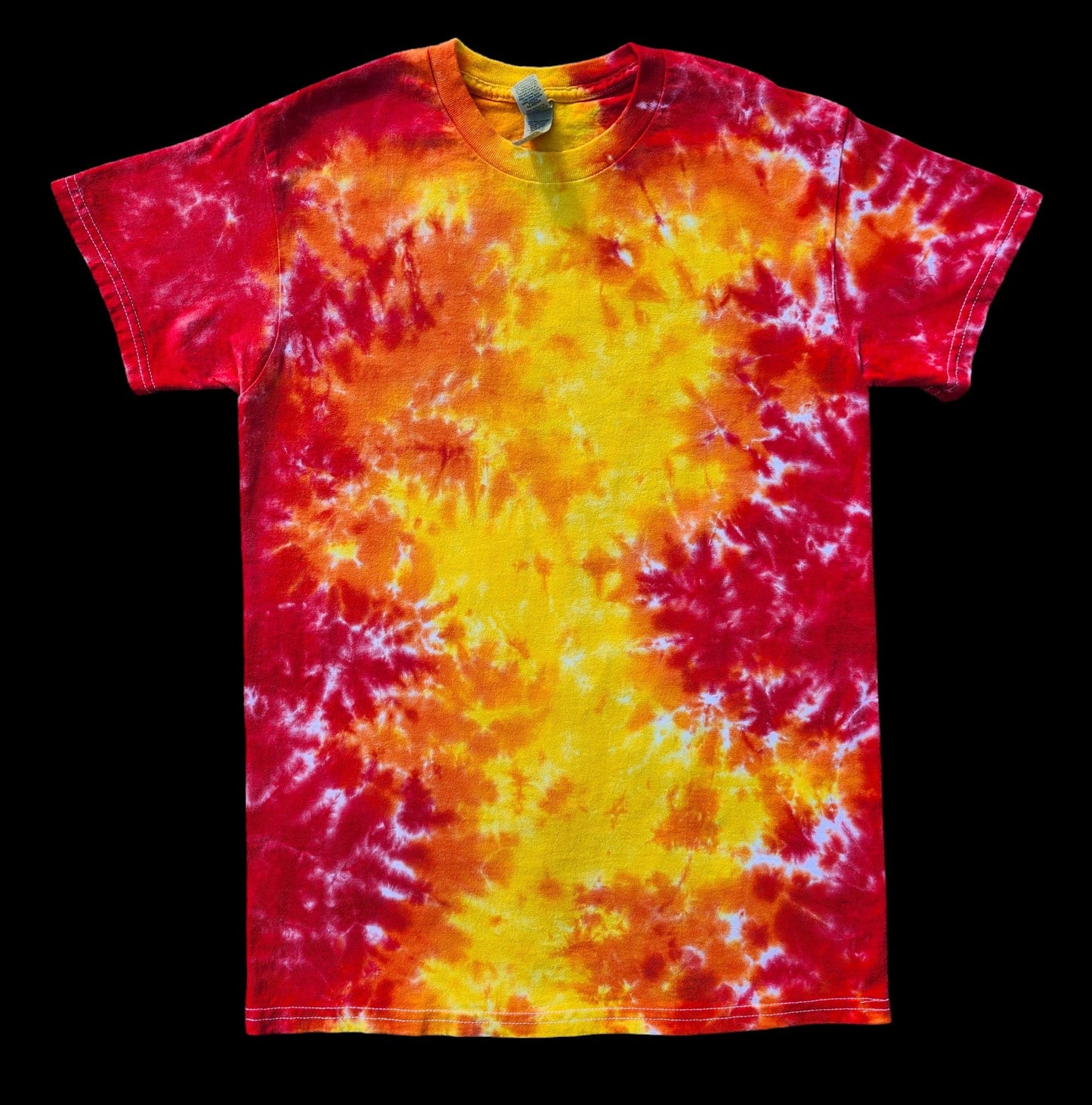 Lava Glow Tie Dye Tee – Handmade Heatwave Shirt in Red, Orange & Yellow – Unisex Sizes – Boho Gift for Him or Her