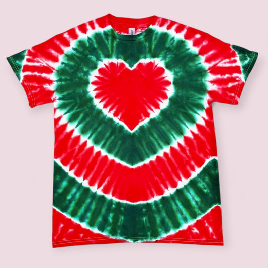 Merry Christmas Tie Dye Heart T-Shirt in Red and Green