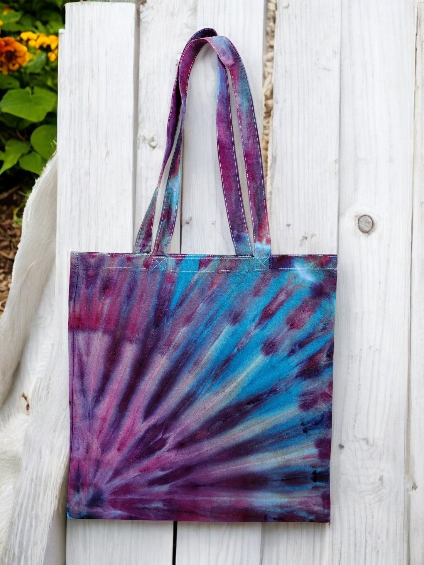 Ice Tie Dye Tote in Blues and Purples.  This is a LIGHT WEIGHT cotton bag. 14" X 14"