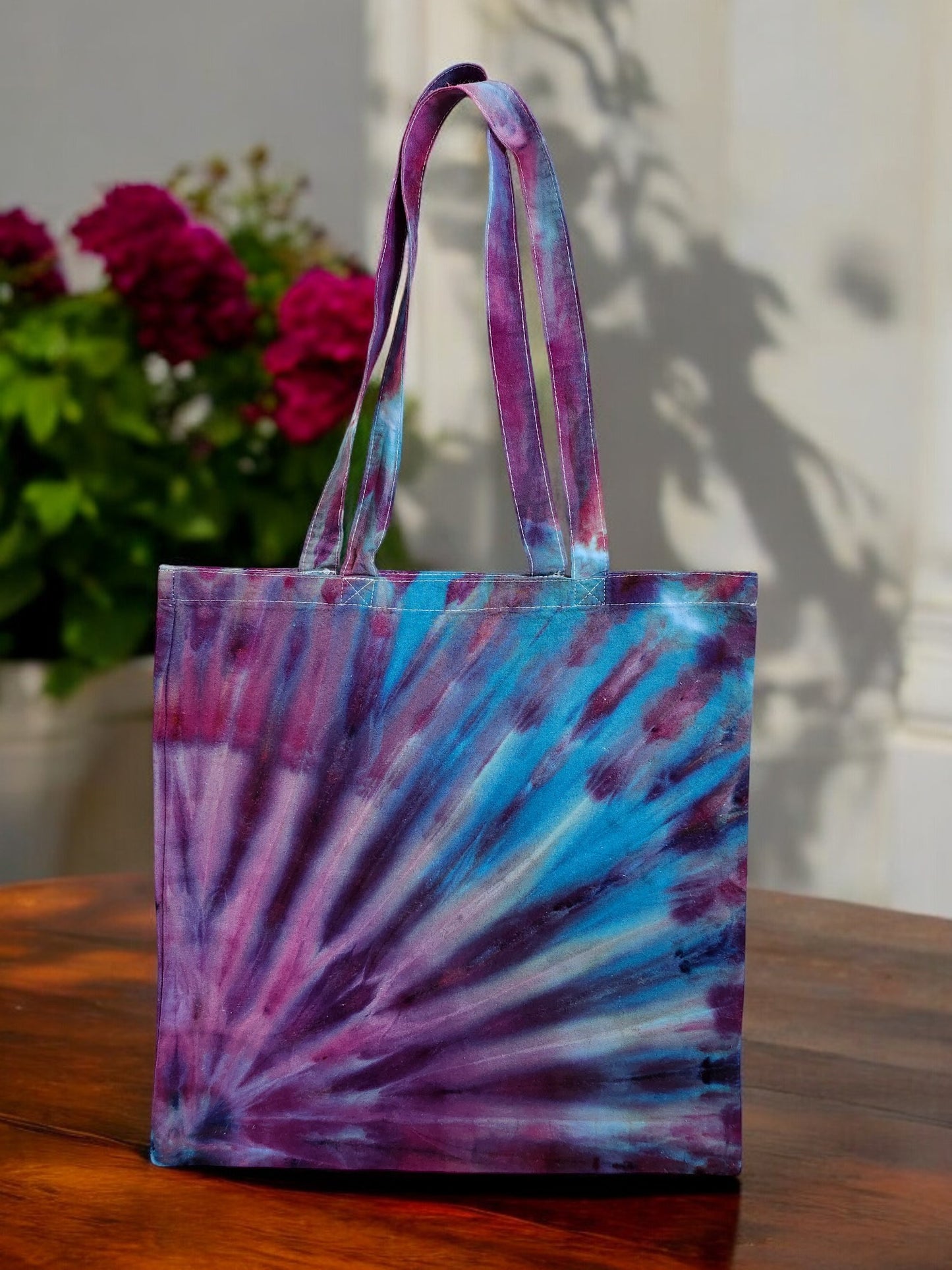 Ice Tie Dye Tote in Blues and Purples.  This is a LIGHT WEIGHT cotton bag. 14" X 14"