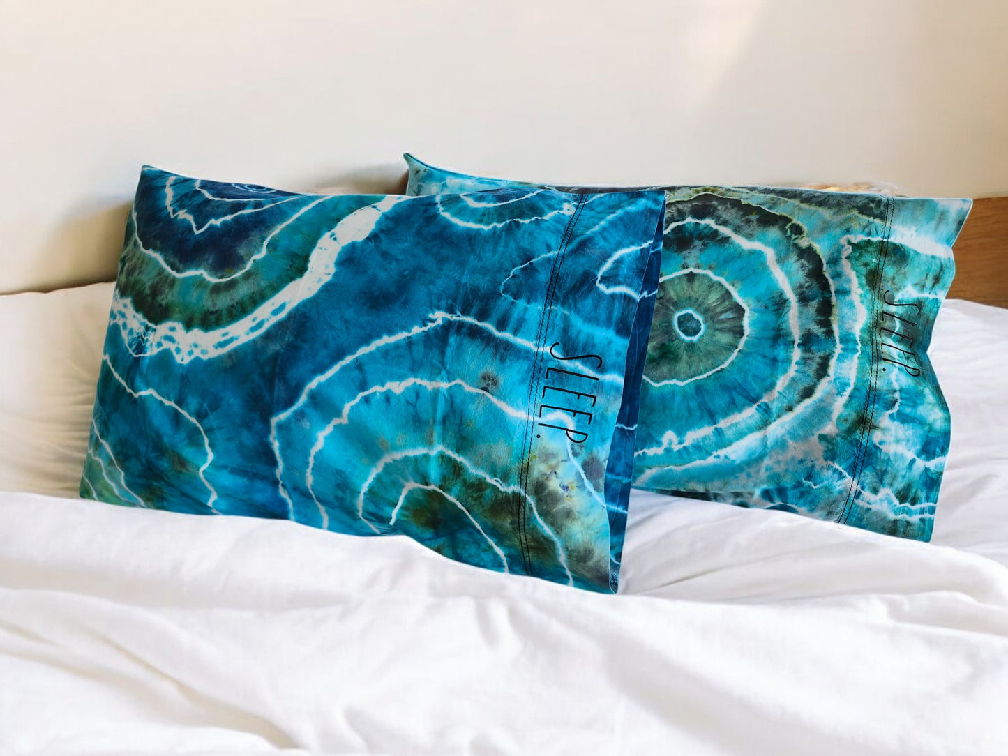 Handmade Tie Dye Pillowcases in Tranquil Blues and Greens.  Standard Size, Set of 2