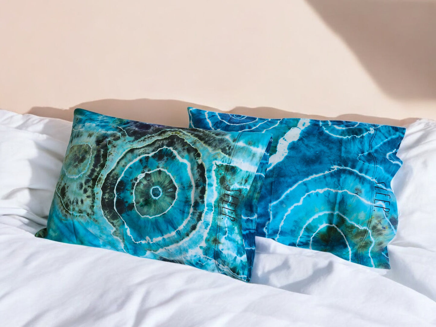 Handmade Tie Dye Pillowcases in Tranquil Blues and Greens.  Standard Size, Set of 2