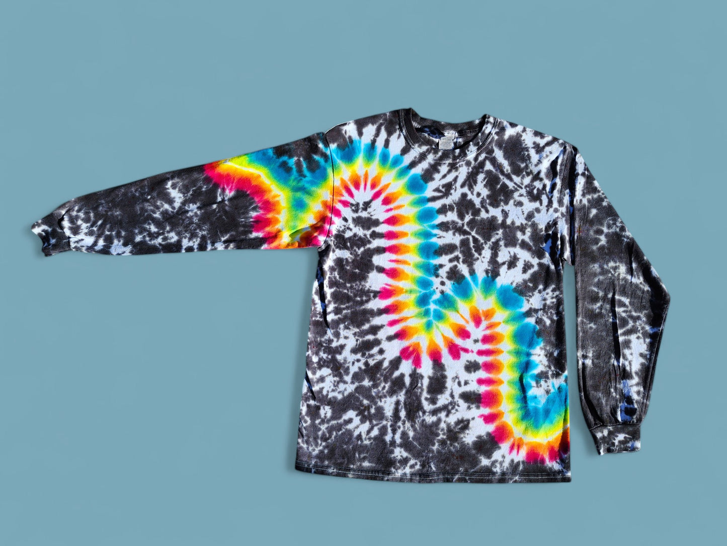 Tie Dye Long Sleeve Shirt in the Rainbow Wave.  Adult Size Medium.