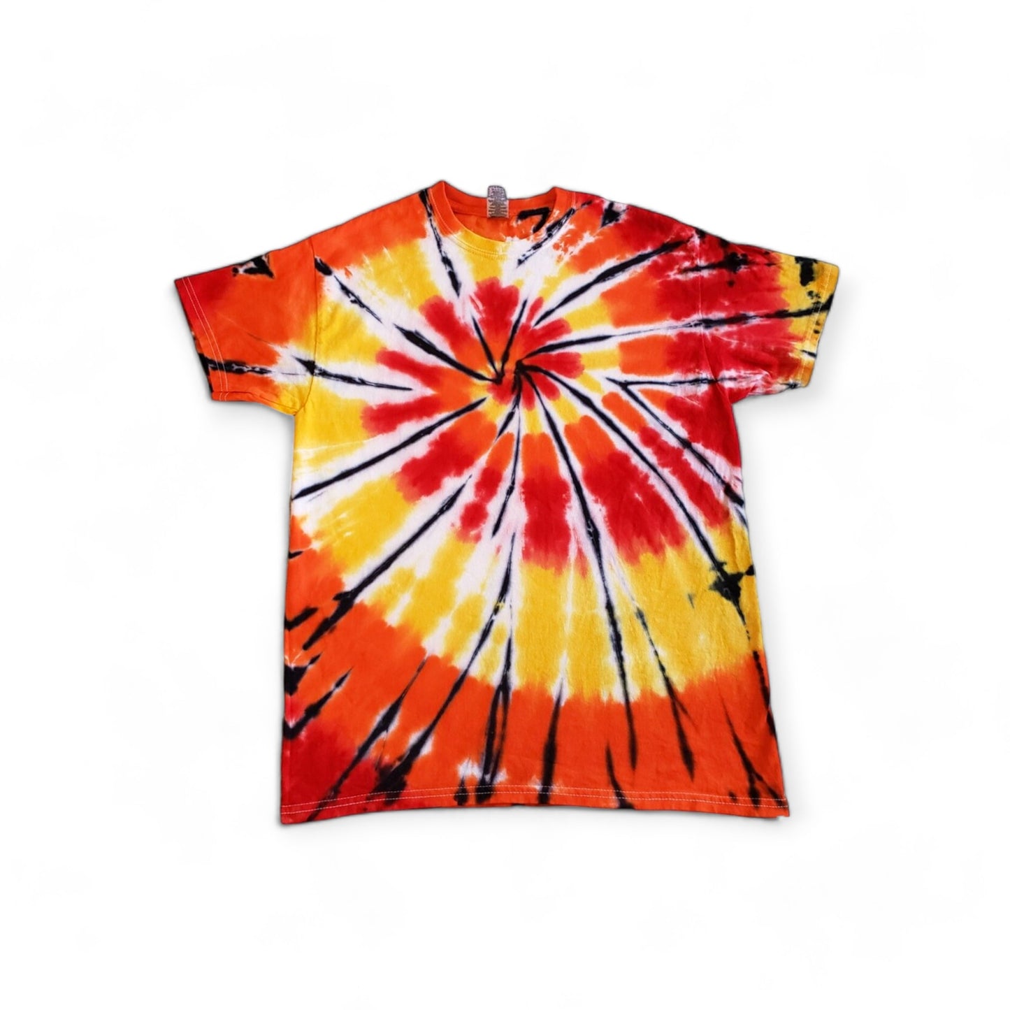 Tie Dye Spiral Shirt Fire Red, Bright Orange, Yellow.