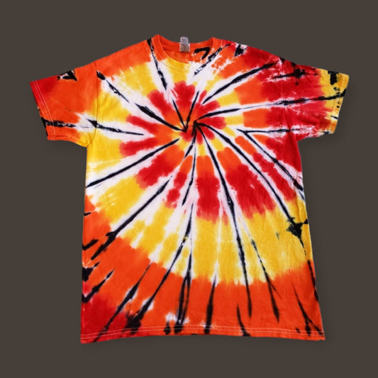 Tie Dye Spiral Shirt Fire Red, Bright Orange, Yellow.