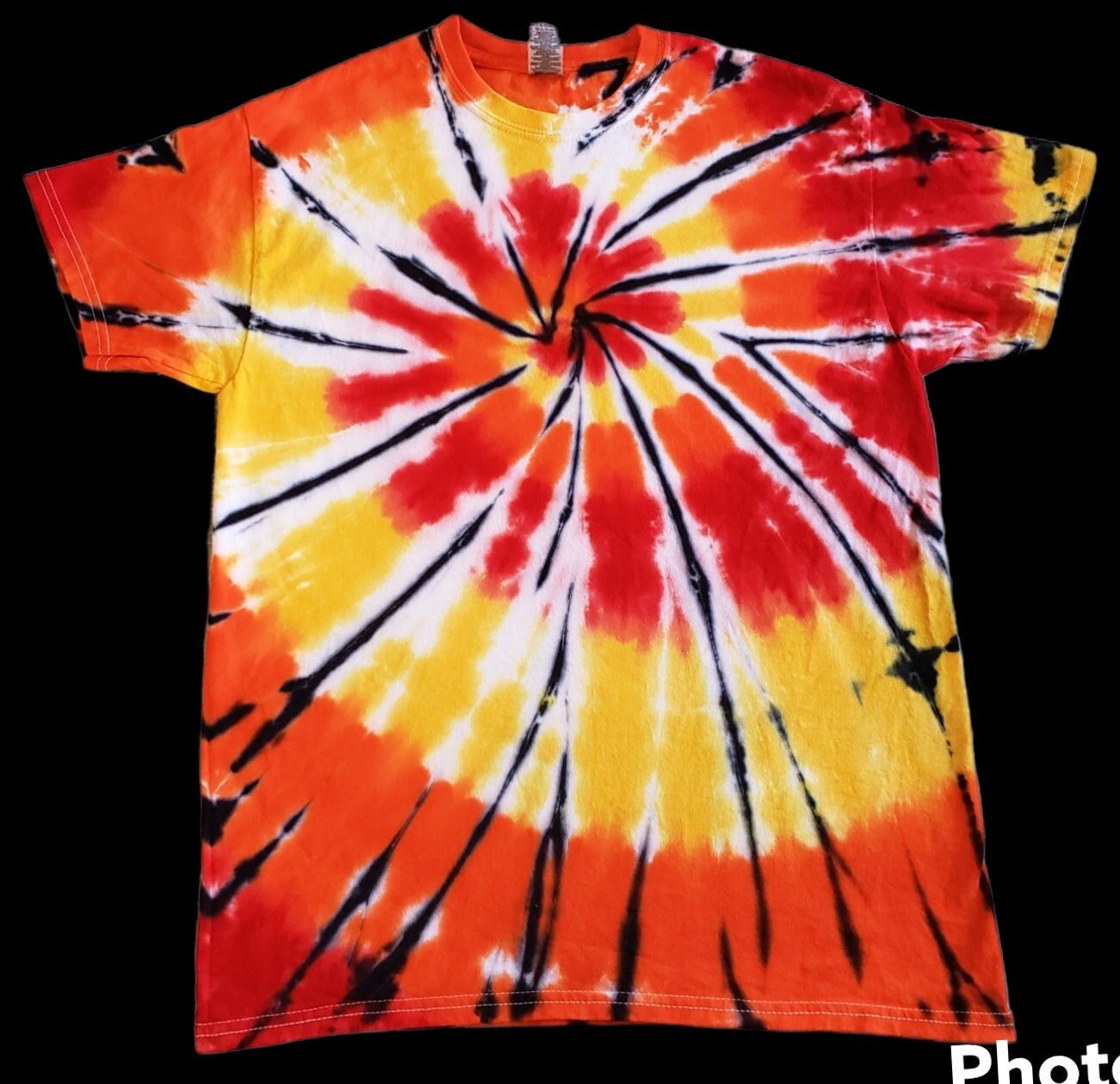 Tie Dye Spiral Shirt Fire Red, Bright Orange, Yellow.