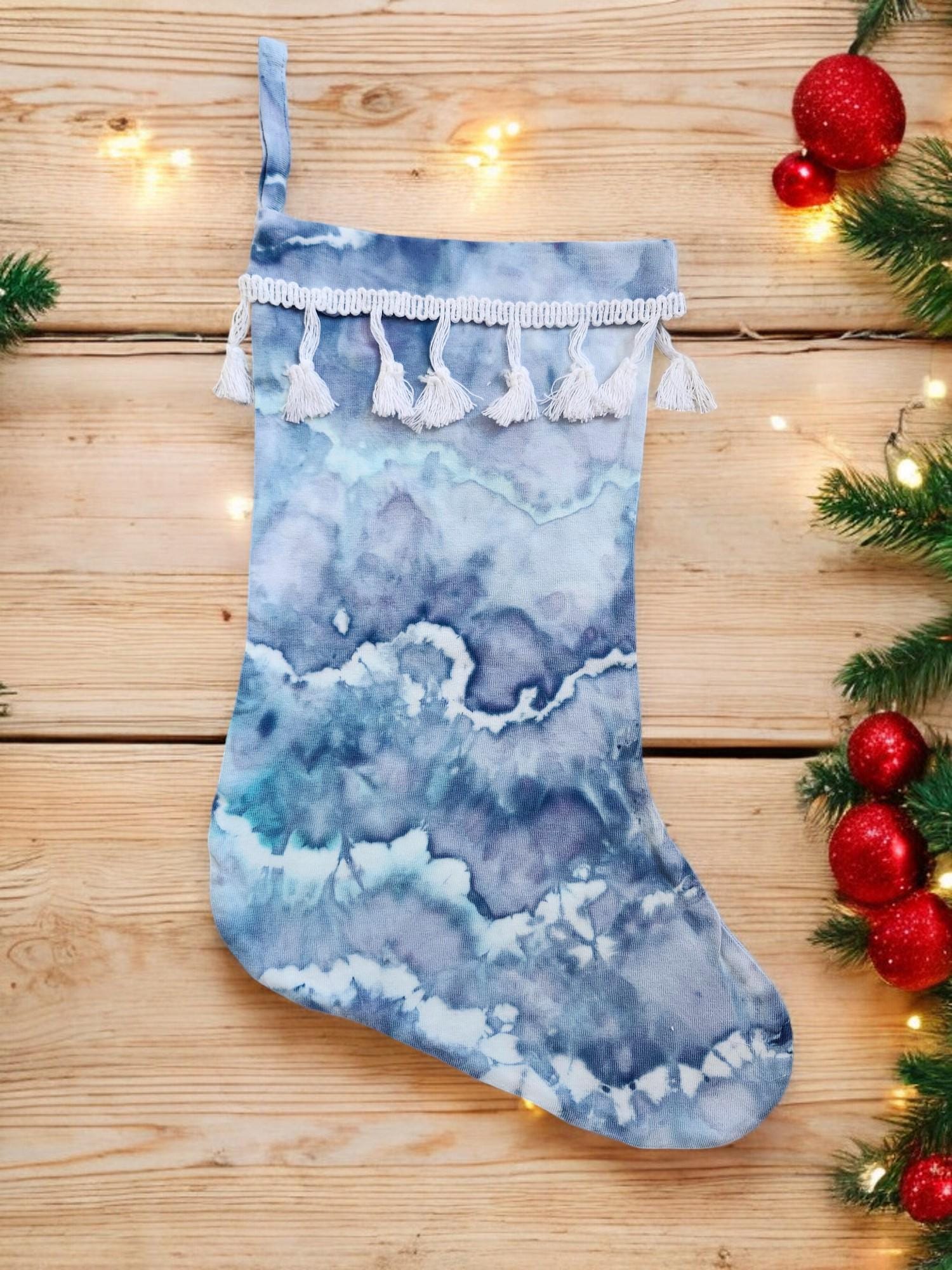 Ice Tie Dye Handmade Christmas Stocking Unique Gift Idea For The Holiday Season **ICE BLUE** Santa Claus, Stocking Stuffer, Home Decor Style