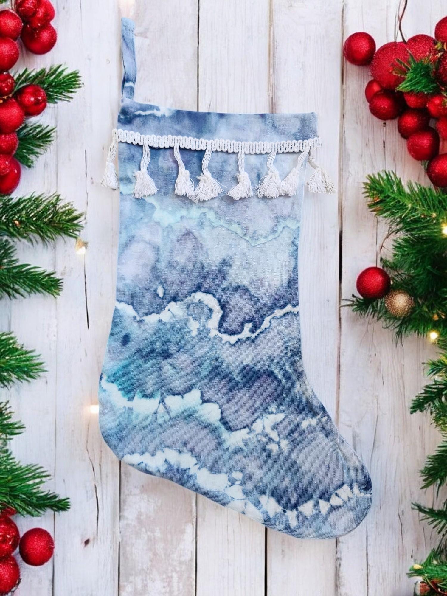 Ice Tie Dye Handmade Christmas Stocking Unique Gift Idea For The Holiday Season **ICE BLUE** Santa Claus, Stocking Stuffer, Home Decor Style