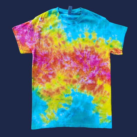 Vibrant Handmade Tie Dye Shirt in Blues, Pinks, and Yellows Rainbow Design